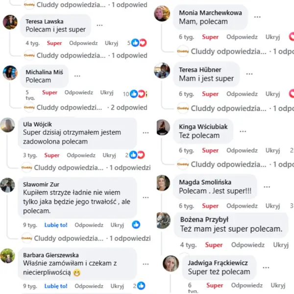 Komentarze klientów Cluddy z Facebooka