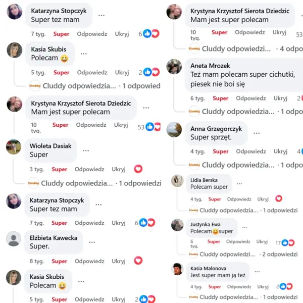 Komentarze klientów Cluddy z Facebooka